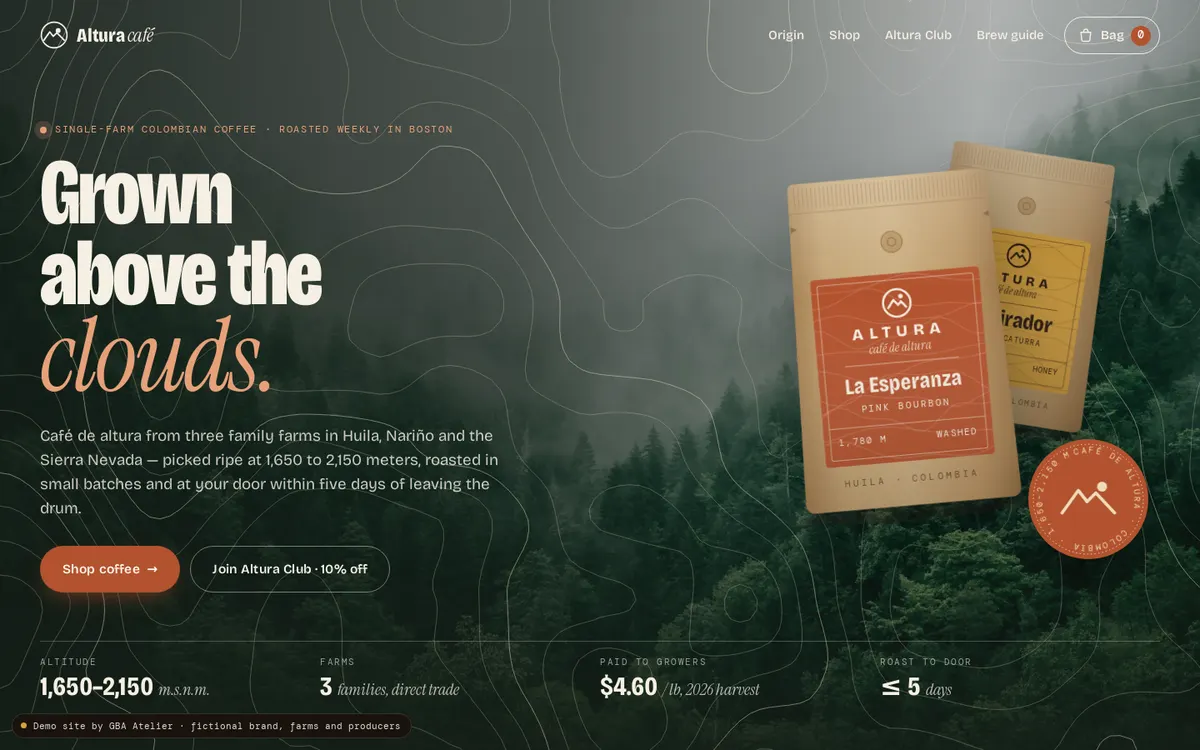 Web demo de Altura Café, café colombiano de especialidad